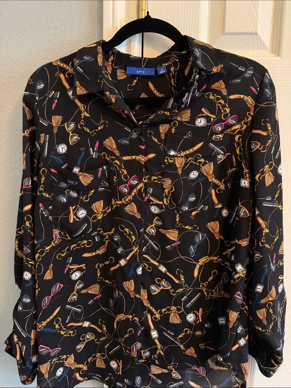 Apt. 9 Black Button-Down Shirt with Gold Chain & Multicolor Accents